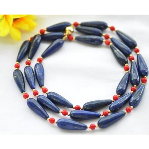 Z10395 42" 30mm Blue Drip Lapis-Lazuli Red Coral Bead Necklace