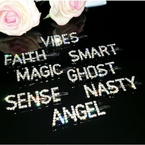 New Arrival Word Hairclips "ANGEL,VIBES,FAITH,SMART,MAGIC,GHOST,SENSE,NASTY" Crystal Letters Hairpins Hair Accessories WHOLESALE