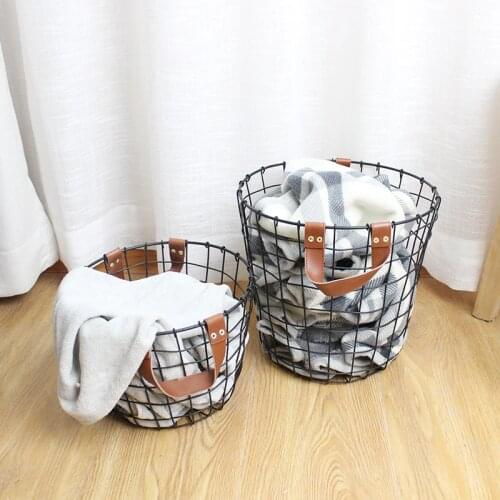 Iron Storage Basket With Leather Handle Sundries Underwear Toy Storage Box Book Organizer Toiletries Container Laundry B