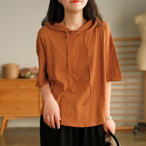 Johnature Women Hooded Casual T-Shirts V-Neck Short Sleeve Solid 5 Color Cotton Soft 2021 Summer Female Loose Tshirt Tees