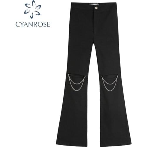 Womens Black Chic Flare Pants Hollow Out High Waist Casual Slim Long Trouser Summer 2021 Streetwear Lady Hole Pants And Chain