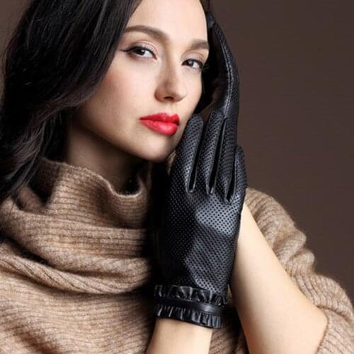 Women Leather Gloves Fashion Black Real Goatskin Leather Comfortable Breathable Holes Driving Gloves Thin Silky Lined JM36