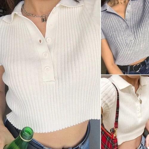 Womens Collar Half Button Short Sleeve Crop Tops T-Shirts