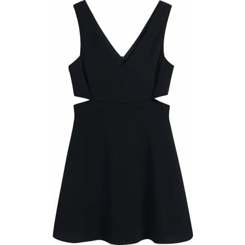 New Pop Women Cut-out Dress V-neck Sleeveless Wide Straps Elegant Sexy Chic Lady High Vogue Woman Black Dresses
