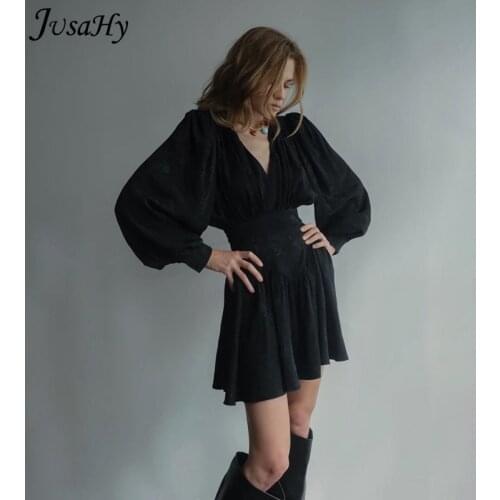 JusaHy Elegant Black Print Pleated Puff Sleeves Mini Dresses for Women England Style High-Waist V-Neck Slim Casual Streetwear