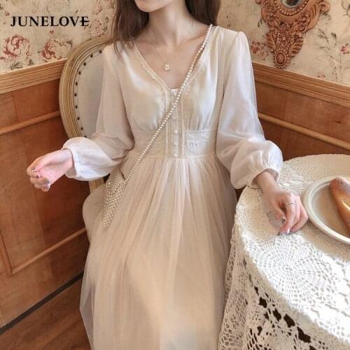 Women Elegant Mesh Dress French Solid Long Sleeve Fairy Party Lace Dress Sexy V-Neck Chic Dress Spring Clothing Female Vestidos