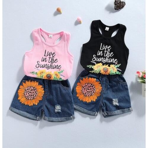 1-4Y Toddler Kids Baby Girl Sleeveless Sunflower Vest Tops Denim Shorts Jeans 2PCS Summer Clothing Set