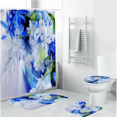 4Pcs/Set Elegant Flowers Pattern Shower Curtain Mat Set Non Slip Rugs Carpet for Bathroom Toilet Bath