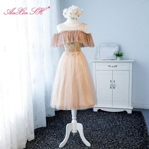 AXJFU princess pink lace Bridesmaid Dress party dress fashion o neck beading star ruffles illusion long a line Bridesmaid Dress