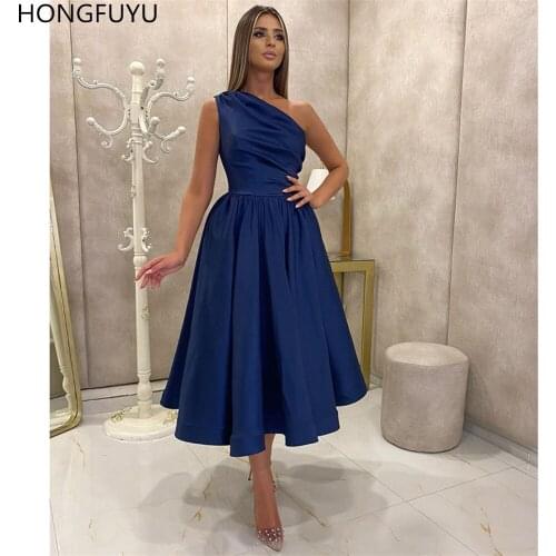 HONGFUYU One Shoulder Sleeveless Prom Dresses A-Line Satin Tea Length Evening Gowns vestidos de fiesta de noche Cocktail Party