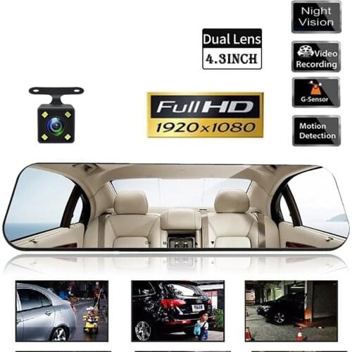 4.3 Inches Full HD 1080P Dual Lens Car DVR Rearview Mirror Camera Auto Driving Video Recorder Dash Cam Night Vision Dash Camera