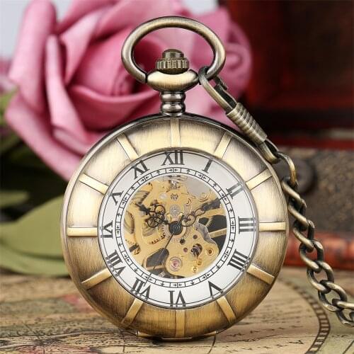Transparent Glass Full Hunter Mechanical Hand-Wind Pocket Watch Men Roman Numerals Display Bronze Chain Vintage Pocket Clock