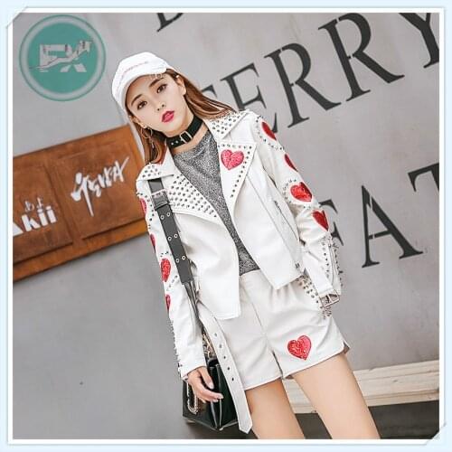 G. SKY New Leather Clothing Tops Leather Jacket Sequin Patch Decoration Women PU Motorcycle Clothing Female Spring (No Pants)