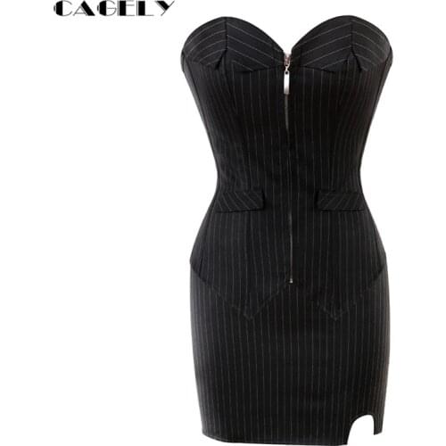 OL Pinstripe Corset Dress Set Boned Overbust Zip Corset Mini Skirt G-string 3pcs Lacing up Bustier Slim Outfits S-6XL Plus SIze