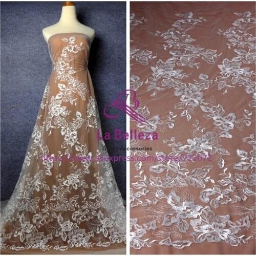La Belleza Off white polyester on net embroidery wedding dress lace fabric 1 yard 51" width
