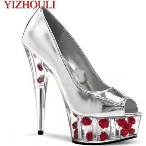 2018 summer taobao hot selling single shoes, 15CM rose crystal high heels, fine heels and waterproof platform Dance Shoes