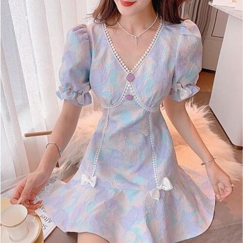 Kawaii Sweet Print Mini Dress Women Elegant V-neck Short Sleeve Korean Clothing Outdoor Holiday Bow Dresse Summer 2021