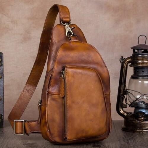 Mens Handmade Leather Bag Male Bag Shoulder Messenger Bag Retro Chest Bag First Layer Cowhide 2020 New Soft Leather Slit Pocket