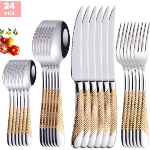 24 Pcs Kitchen Tableware Stainless Steel Fork Spoons Knives Cutlery Set Gold Silver Dinnerware Set 18/10 Stainless Steel Cutlery