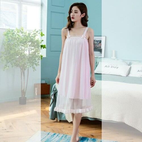 Sling Nightdress Womens Mesh Modal Nightgown Court Style Sexy Sleepwear Sweet Lovely Home Dress Female Sleeping Wear Nightwear