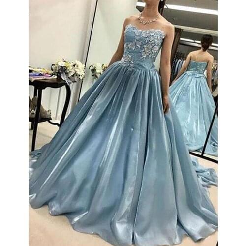 New Light Blue Puffy Quinceanera Dresses Ball Gown Sweetheart Satin Appliques Lace Party Sweet 16 Dresses vestidos de 15 anos