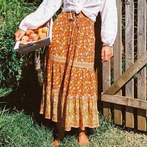 GypsyLady Floral Print Pleated Skirt Mint Orange Summer Women Long Skirts Ruffles Elastic Waist Holiday Female Ladies Chic Skirt