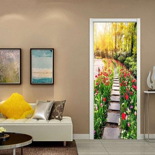 Garden Flower Path Door Sticker Home Decoration Stone Road Sunshine Picture Bedroom Living Room Decoration Two Pieces Set