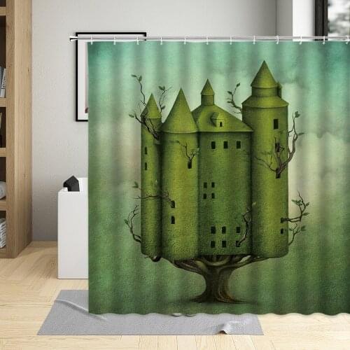 Dream Fairy Tale Green Plant Shower Curtain Cartoon Tree House Flower Creative Scenery Bathroom Decoration Hanging Curtains Sets