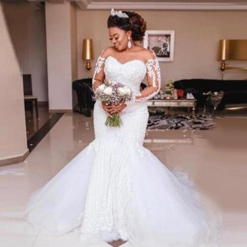 Major Beading Mermaid Wedding Dresses Long Sleeve Appliques Pearls African Wedding Gowns Plus Size Vestido de noiva