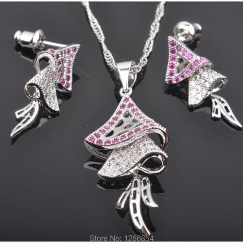 Unique Design Red Cubic Zircon Womens Party Silver Plated Jewelry Sets Earrings/Pendant/Necklace Free Shipping JS0251