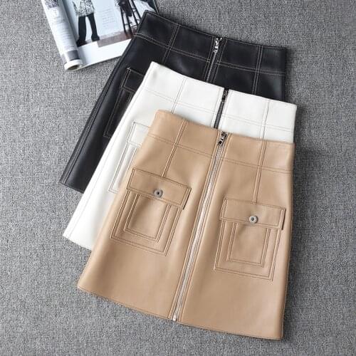 Women Fashion 2021 Harajuku Sheepskin Leather Skirt Femme A-line Sexy Mini White