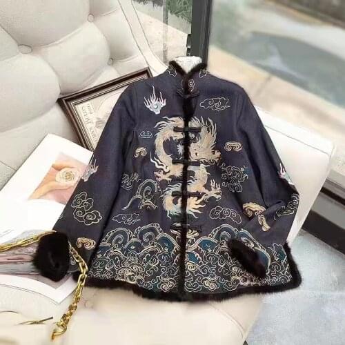 Chinese Style Cotton Jacket Womens Short Wool Embroidery Spliced Mink Fur Stand Collar Single-Breasted Lady Jacket M-3XL
