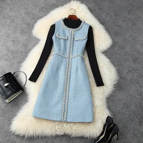 European and American womens wear 2020 winter new style Long-sleeved knit sweater Beaded tweed dress Fashion two-piece