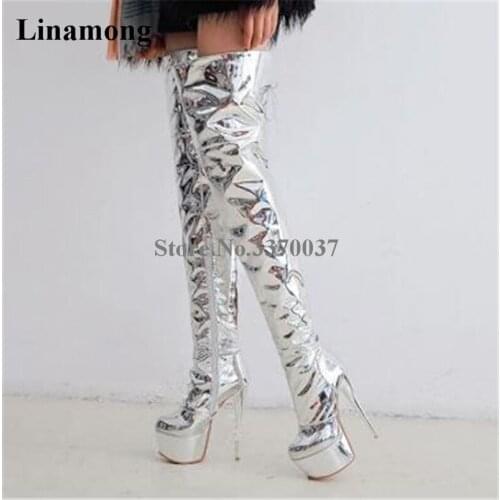 Ladies Sexy Round Toe Silver Patent Mirror Leather Over Knee High Platform Thin Heel Boots Thin Heel Thigh Long High Heel Boots
