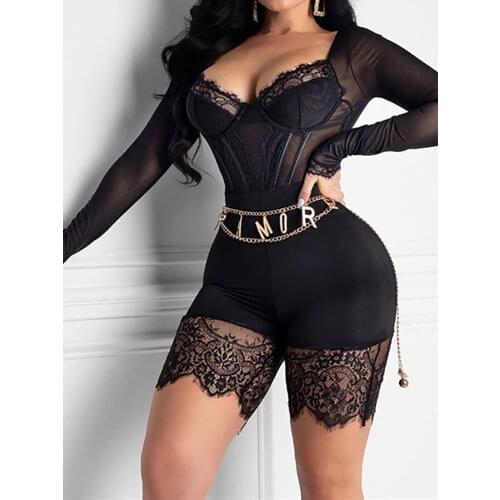 NewAsia Garden Lace Bodysuit Long Sleeve Mesh See Through Sexy Jumpsuit Women V-neck Bodycon Romper Plus Size Black Playsuit