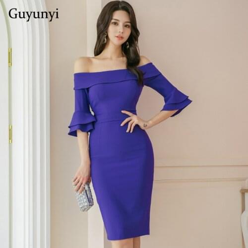 Blue Career Office Lady Dress 2021 Autumn Slash Neck Strapless Butterfly Sleeve High Waist Tight Pencil Elegant Party Dress