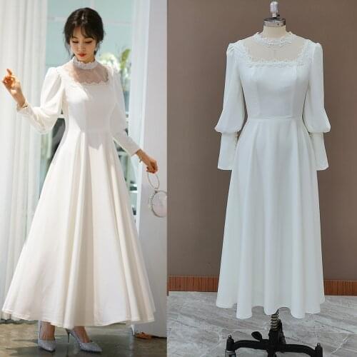 Simple Satin Mock Neck Bridal Gown Lace Long Sleeves Wedding Party Soft A Line Buttons Vintage Bridesmaid Gown Real Photo #4180