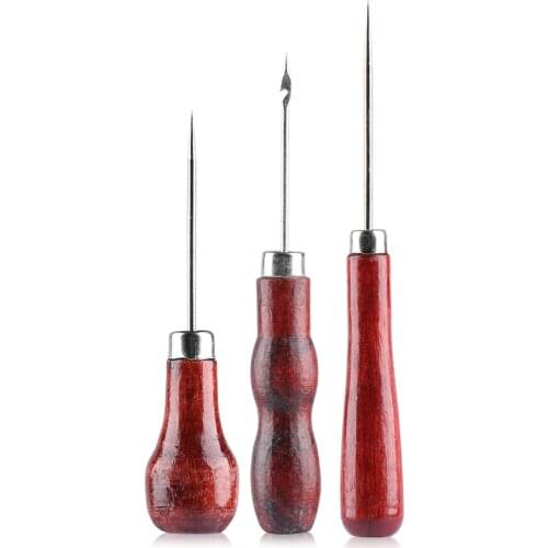 1/3Pcs Wooden Handle Sewing Awl Pin Punch Hole DIY Leather Tent Repair Tool Hand Stitcher Leathercraft Needle Sewing Accessories