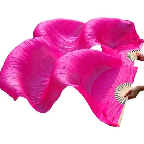 100% Silk Unisex High Quality Chinese Silk Veil Dance Fans 1Pair Handmade Belly Dance Fans Hot Sale Pure Rose Color 180/230*90cm