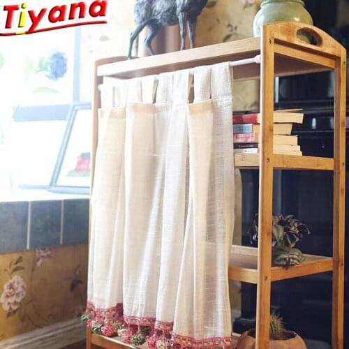 1PCS Rod Pocket Cotton Short Curtains for Kitchen Pink/Blue Ball Decoration Ring and Sling Tulle Curtains Home Deco DL-QT041#30