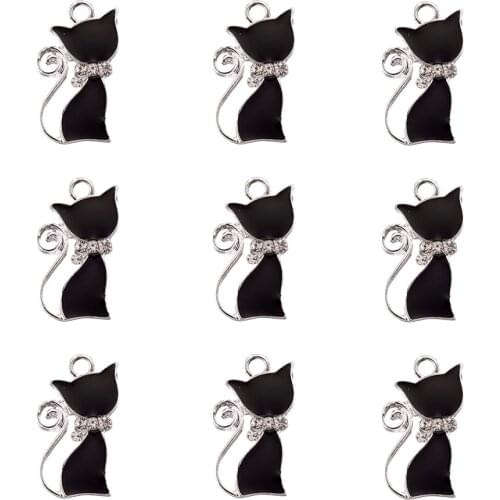 10pcs Enamel Charms Alloy Cat Shape with Rhinestones For DIY Necklace Pendant Bracelet Earrings Jewelry Making Accessories