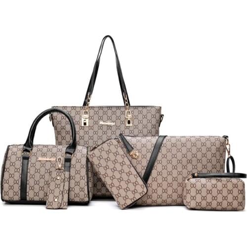 6PCS Women Tote Set Fashion PU Leather Ladies Handbag 8 Words Print Messenger Shoulder Bag Wallet Bags Famous Brand Designer