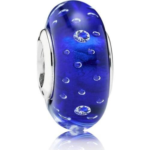 Authentic S925 Bead DIY Jewelry Murano Glass Charms fit Lady Bracelet BangleDark Blue Effervescence Charm