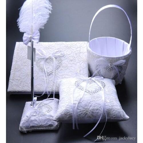 Elegant Heart Shape Diamond White Bow Book Bearer Ring Pillow & Feather Pen Set Girl Flower Basket Wedding Suppliers Favor