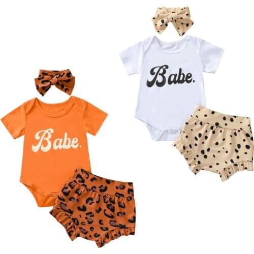 FOCUSNORM 3pcs Lovely Baby Girls Boys Clothes Sets Letter Printed Romper Tops Leopard Shorts Headband 0-24M