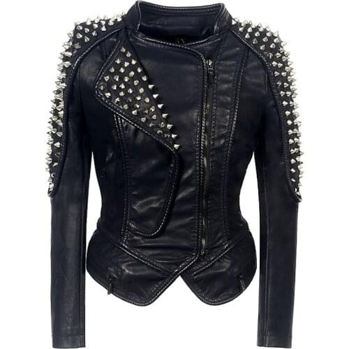 Leather Jackets Motorcycle O Collar Zipper Pockets PU Coats with Rivet Biker Faux Leather Fashion Outerwear Y281