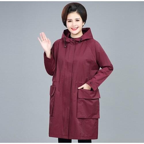 Spring Autumn Elderly Mother Jacket Fashion Solid Color Oversized Hooded Coat Causal Long Women Windbreaker Plus Size 4XL W2100