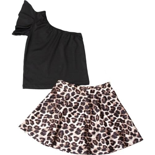 Citgeett Summer Kids Girls Outfits Two-Piece Suit Fashion Solid Black Collar T-shirt and Leopard Short Skirt Clothes Set
