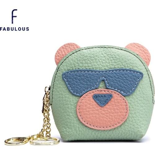 Pebble Leather Cute Cartoon Small Bear Mini Coin Purse Wallet for Women and girls Zipper Credit Card Holder