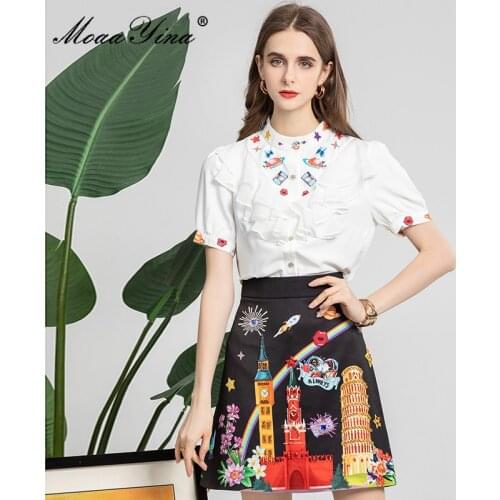 MoaaYina Fashion Runway Summer Black Skirt Suit Womens Elegant Ruffle Short sleeve Shirt+Beaded Print Short Skirts 2 Pieces Set